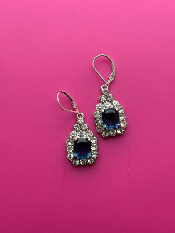 One of a kind earrings vintage blue and crystal using exquisite original materials from 1930 - 1990s.