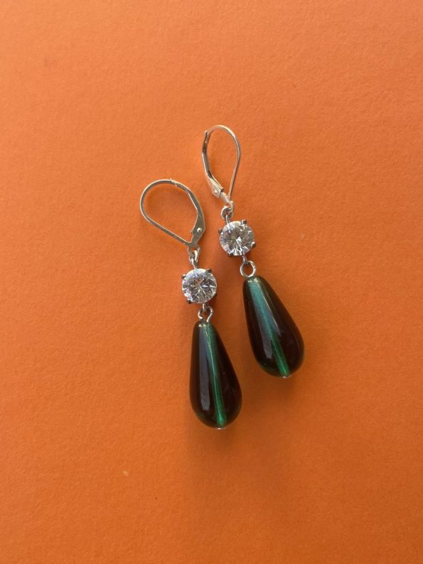 green and clear crystal vintage drop earrings